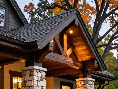 Upward view of a luxury Craftsman home featuring exposed rafters, cedar soffits, and stone porch details.